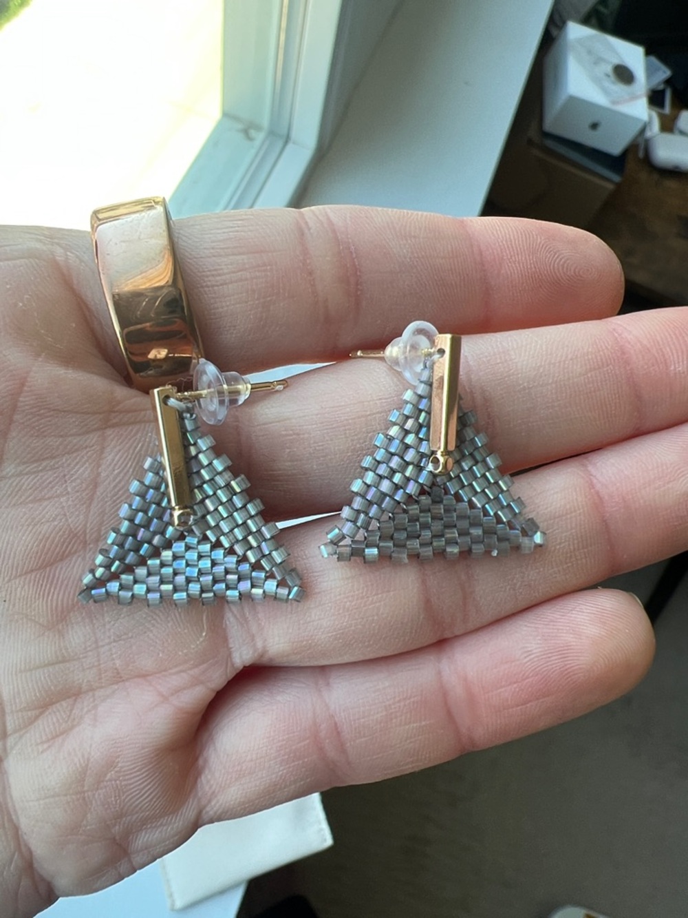 Xharik Gold Bar & Silver Beaded Triangle Drop Stud Earrings